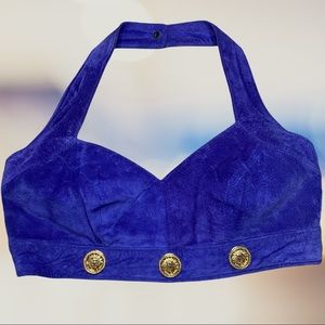 💥 INSANELY RARE Vintage Purple Suede Leather Gold Medusa Coin Bustier Bralette